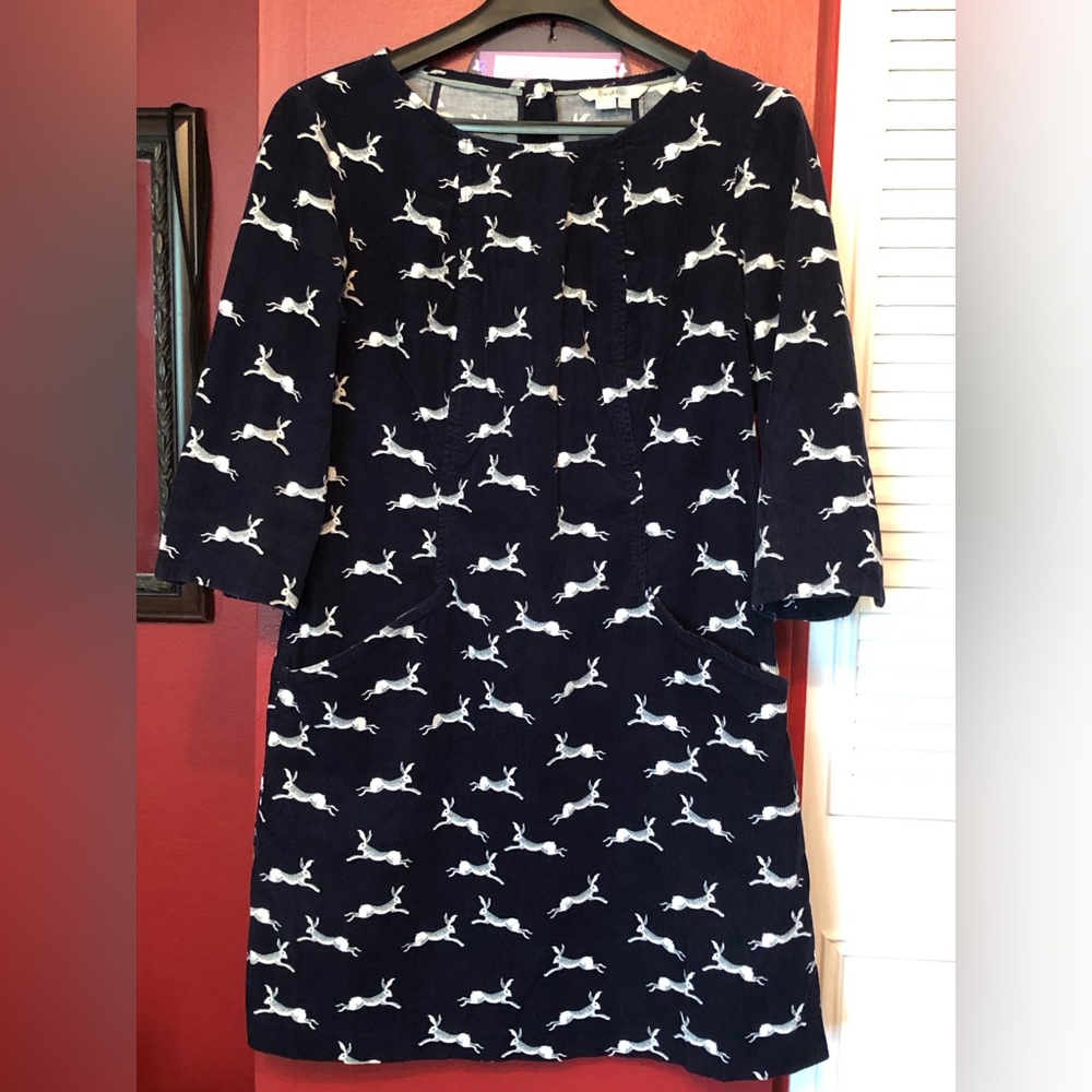 Boden Dress w/pockets US 8P blue white Corded Corduroy Rabbit Print zipper